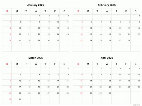 January to April 2025 Printable Calendar | Four Months Per Page ...