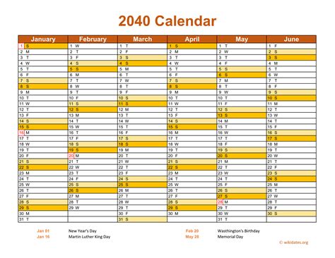 2040 Calendar on 2 Pages, Landscape Orientation | WikiDates.org