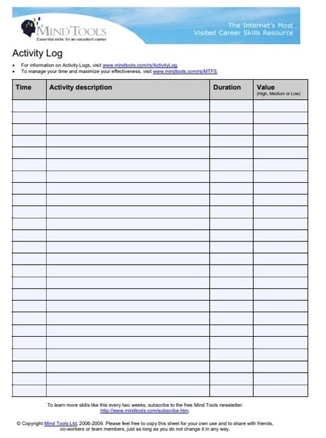 Activity Log Template Free Download Printable Templates – Bilarasa