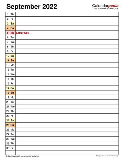 September 2022 Calendar | Templates for PDF, Excel and Word