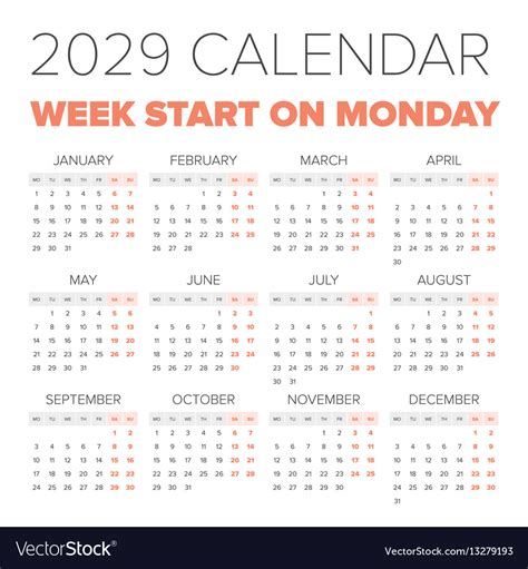 Vector calendar 2029 sunday simple year week starts on - vrogue.co