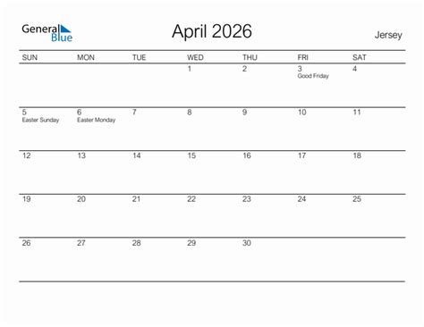 Printable April 2026 Monthly Calendar with Holidays for Jersey