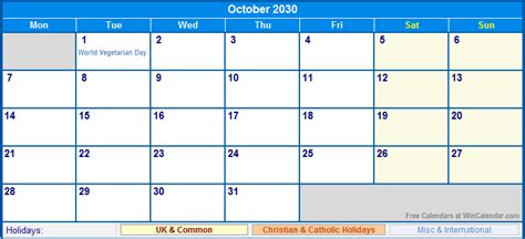October 2030 UK Calendar with Holidays for printing (image format)
