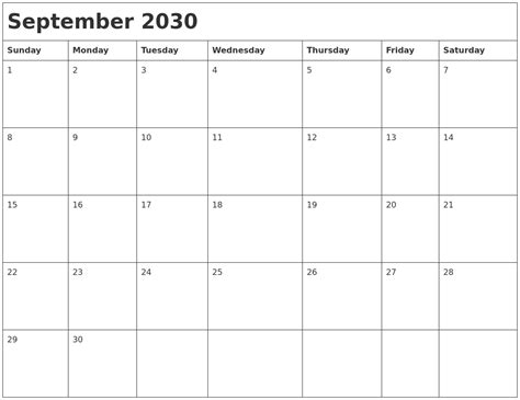 September 2030 Month Calendar