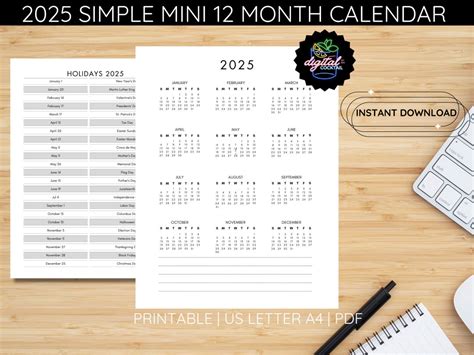 2025 Simple Mini Calendar 2025 Printable Calendar Mini - Etsy