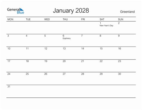 January 2028 - Greenland Monthly Calendar with Holidays