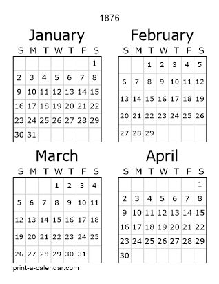 Download 1876 Printable Calendars