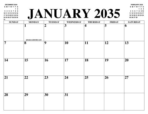 JANUARY 2035 CALENDAR OF THE MONTH: FREE PRINTABLE JANUARY CALENDAR OF ...
