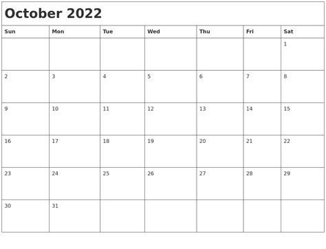 October 2022 Month Calendar