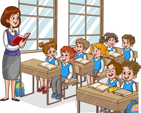 Un enseignant lit un livre dans une salle de classe. | Vecteur Premium