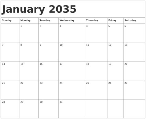 January 2035 Calendar Template