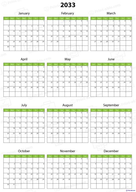 2033 Calendar Printable 1662 | Print-able.com