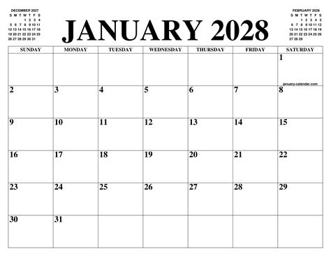 JANUARY 2028 CALENDAR OF THE MONTH: FREE PRINTABLE JANUARY CALENDAR OF ...