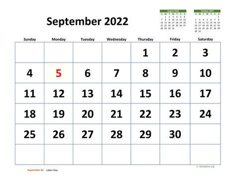 September 2022 Calendar with Extra-large Dates | WikiDates.org