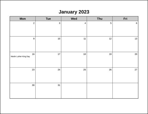 Monday Friday Calendar Template