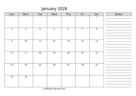 Download January 2028 Calendar With Notes, weeks start on Sunday