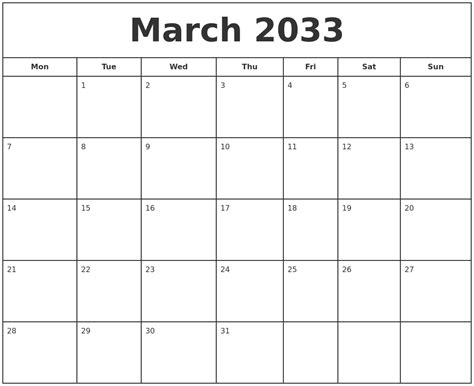 March 2033 Print Free Calendar