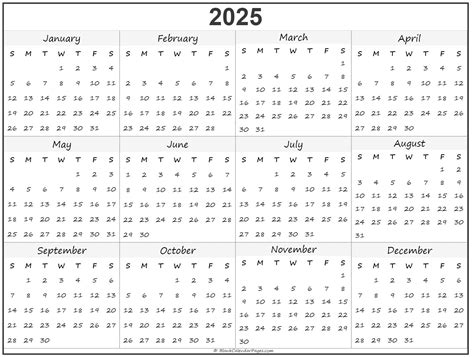 Printable Yearly Calendar 2025 - YearlyCalendars.net