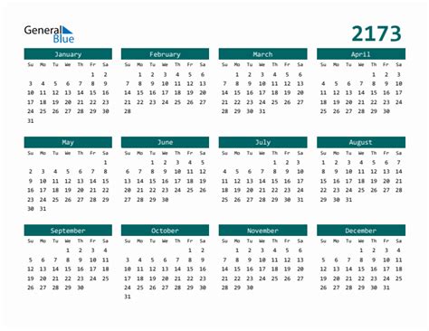 Free 2173 Calendars in PDF, Word, Excel