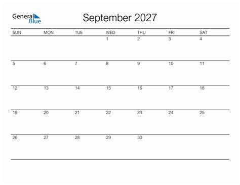 Printable September 2027 Monthly Calendar - Sunday Start