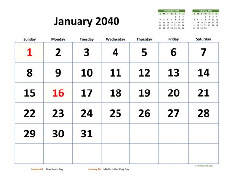 January 2040 Calendar with Extra-large Dates | WikiDates.org