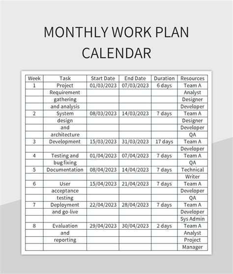 Monthly Work Schedule Table Plan Excel Template And Google Sheets File ...