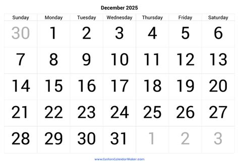 December 2025 Calendar Printable With Large Numbers | Custom Calendar Maker