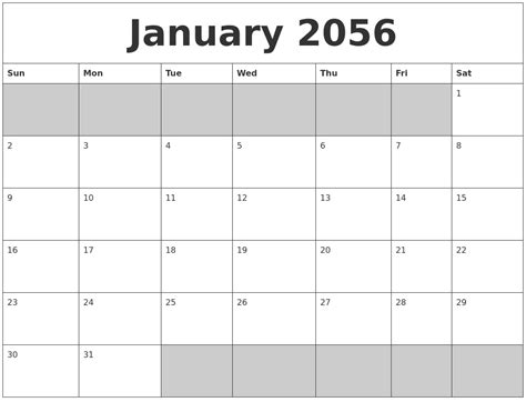 January 2056 Blank Printable Calendar