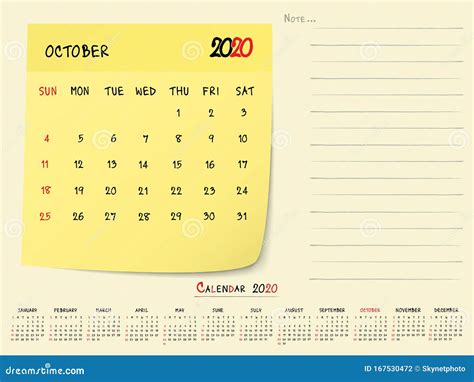October 2020 Calendar Paper Note Design Stock Vector - Illustration of ...