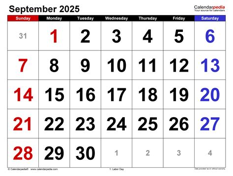 September 2025 Calendar | Templates for PDF, Excel and Word