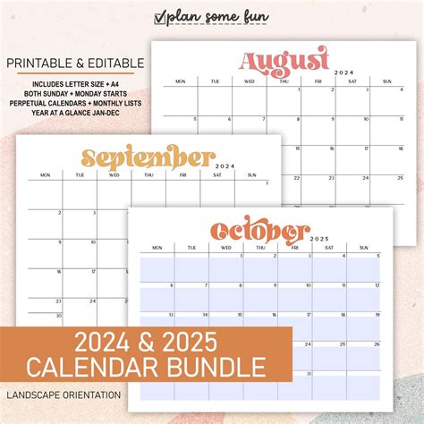 2024 2025 Calendar Bundle Printable Editable Landscape Monthly ...