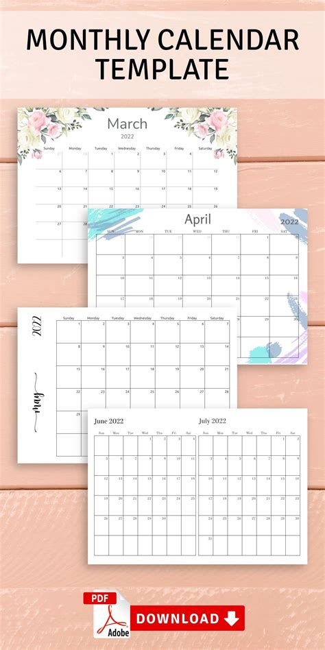 Monthly Calendar Template, Planner Notes, Month Calendar Printable ...