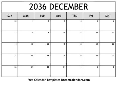 December 2036 Calendar - Free Printable with Holidays and Observances