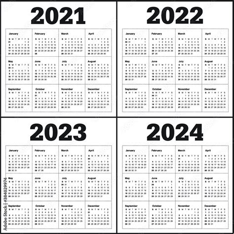 Year 2021 2022 2023 2024 calendar vector design template, simple and ...
