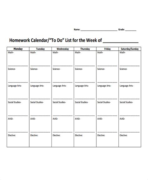 Homework Calendar Printable - Printable Templates