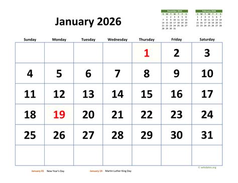 January 2026 Calendar with Extra-large Dates | WikiDates.org