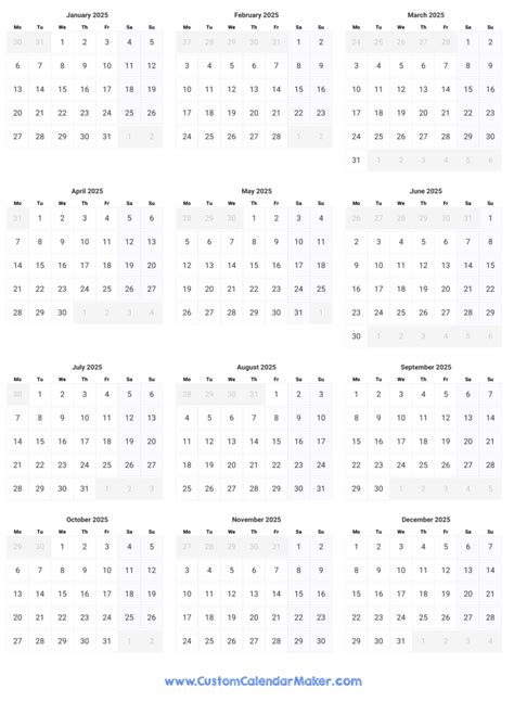 Printable Yearly Calendar 2025 - Full Year at a Glance | Custom ...