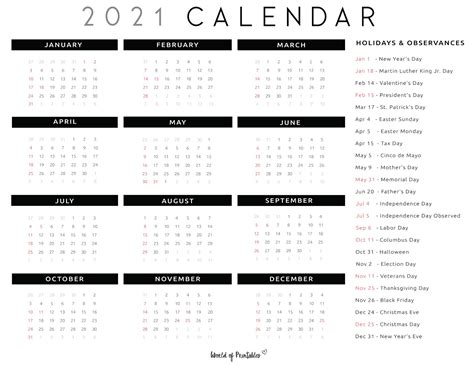 Free Printable 2021 Yearly Calendar With Holidays