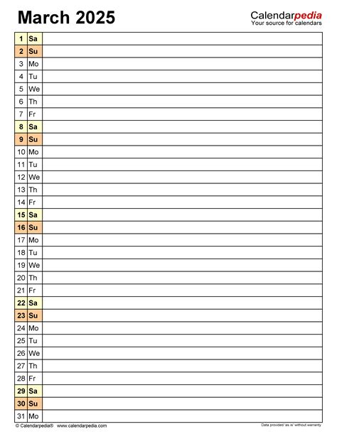 March 2025 Calendar | Templates for PDF, Excel and Word
