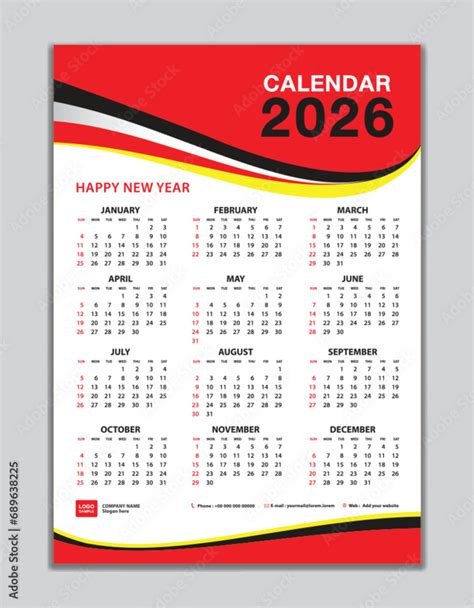 Wall calendar 2026 template, calendar 2026 design, red wave background ...