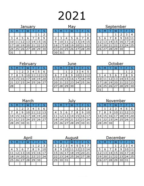 Yearly 2021 Calendar Printable Template | 101 Activity