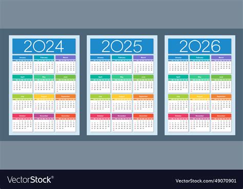 Colorful calendar for 2024 2025 and 2026 years Vector Image