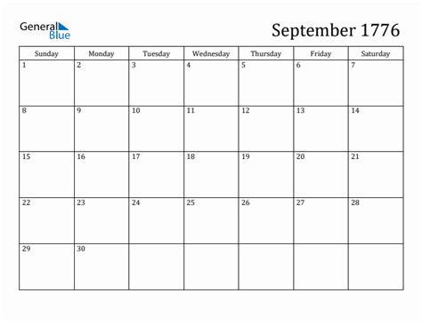 September 1776 Monthly Calendar (PDF, Word, Excel)