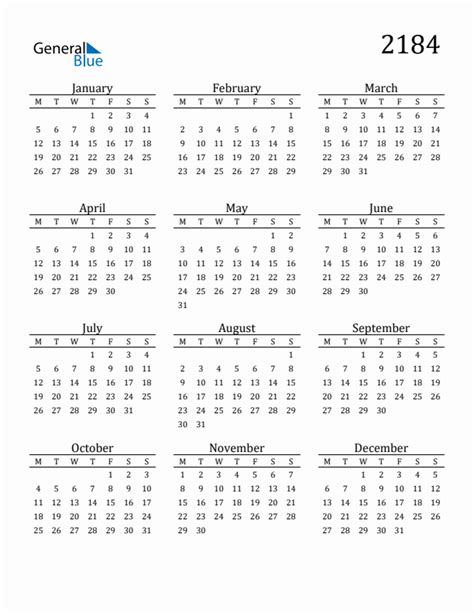 2184 Yearly Calendar Templates with Monday Start