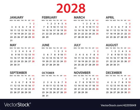 Calendar 2028 template planner year Royalty Free Vector