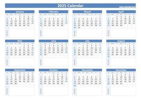 2025 Yearly Calendar Template With Notes Space - Paul Hemmings