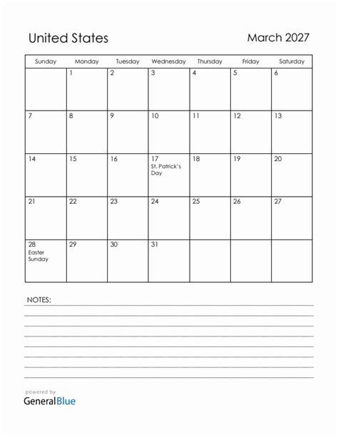 March 2027 Monthly Calendar with United States Holidays