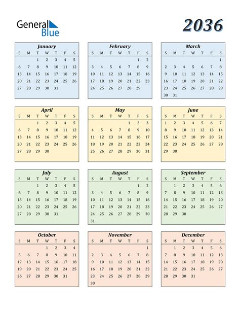 2036 Calendar (PDF, Word, Excel)