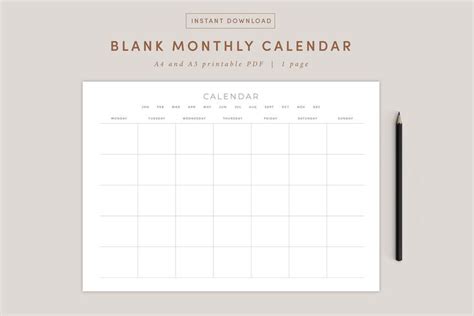 Blank Monthly Calendar Landscape Template, Printable Calendar Blank ...