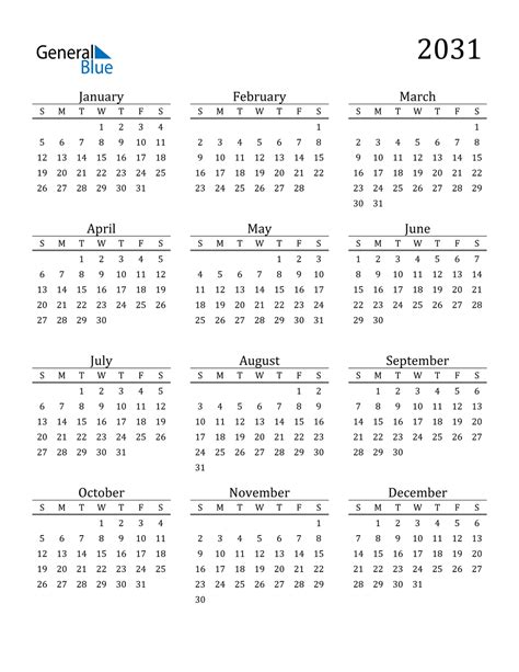 2031 Calendar (PDF, Word, Excel)